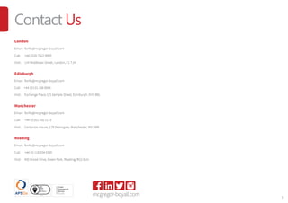 7
Contact Us
London
Email: fsinfo@mcgregor-boyall.com
Call: +44 (0)20 7422 9000
Visit: 114 Middlesex Street, London, E1 7JH
Edinburgh
Email: fsinfo@mcgregor-boyall.com
Call: +44 (0)131 306 0046
Visit: Exchange Place 2, 5 Semple Street, Edinburgh, EH3 8BL
Manchester
Email: fsinfo@mcgregor-boyall.com
Call: +44 (0)161 830 2115
Visit: Centurion House, 129 Deansgate, Manchester, M3 3WR
Reading
Email: fsinfo@mcgregor-boyall.com
Call: +44 (0) 118 334 0395
Visit: 450 Brook Drive, Green Park, Reading, RG2 6UU
mcgregor-boyall.comFS 59211
 