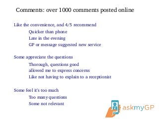 Comments: over 1000 comments posted online
Like the convenience, and 4/5 recommend
Quicker than phone
Late in the evening
...