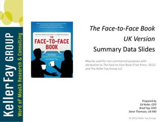 The Face-to-Face Book
              UK Version
    Summary Data Slides
May be used for non-commercial purposes with
attribution to The Face-to-Face Book and The Keller Fay
Group




                                           Prepared by
                                          Ed Keller, CEO
                                         Brad Fay, COO
                                 Steve Thomson, UK MD

                                  © 2012 Keller Fay Group
 