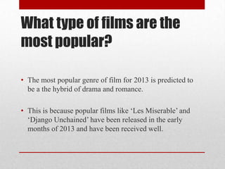What type of films are the
most popular?

• The most popular genre of film for 2013 is predicted to
  be a the hybrid of drama and romance.

• This is because popular films like ‘Les Miserable’ and
  ‘Django Unchained’ have been released in the early
  months of 2013 and have been received well.
 