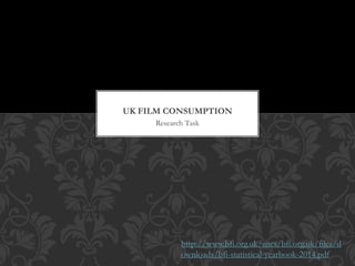 Research Task
UK FILM CONSUMPTION
http://www.bfi.org.uk/sites/bfi.org.uk/files/d
ownloads/bfi-statistical-yearbook-2014.pdf
 