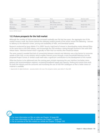 1




                                                                                                                                                                          2




                                                                                                                                                                          3

Service                 Network                   Catalogue                      Prices                         Content providers            Business model

Tesco                   Internet                  2,500 films                    £1–£20;                        Major studios                VoD, DTO
Digital                                                                          New releases £9.97                                                                       4

The Vid Store           Internet                  100 films                      DTO £7.99; rental VoD          Major studios                Rental VoD, DTO
Xbox Live               Internet/IPTV             80 films (16 in HD)            £2.13–£4.08                    Paramount,                   Rental VoD
Marketplace                                                                      per film                       Warner Bros, Disney                                       5
Source: UK Film Council.


                                                                                                                                                                          6
12.3 Future prospects for the VoD market
Although the number of VoD services has increased markedly over the last two years, the aggregate size of the
market remains small. Key factors behind the relatively modest growth of the sector remain the following – barriers                                                       7

to delivery to the television screen, pricing and availability of titles, and download speeds.
Research conducted by Ipsos Media CT in 20091 found a high level of interest in downloading newly released films
                                                                                                                                                                          8
at the same time as the DVD release, and increasingly the VoD window is being brought forward in line with DVD
release dates. Television-based nVoD is typically no later than six months after theatrical release.
The same research revealed that lack of connectivity between internet and television was a key barrier to consumer                                                        9
uptake of film VoD, so any solution which enables internet access through a main household television (via the
proposed Project Canvas or similar) could well make a significant contribution to the development of this market.
Other key factors to be addressed over the coming years include improving the user interface (via better menu                                                             10
options and recommendation engines), increasing broadband speed and capacity, finding price points that work
for both the industry and the consumer and increasing the size of VoD film catalogues so that a wider choice of
material is available.                                                                                                                                                    11

1.  pportunities for digital distribution – assessing models in the music, film and games markets, Ipsos Media CT, May 2009
   O


                                                                                                                                                                          12




                                                                                                                                                                          13




                                                                                                                                                                          14




                                                                                                                                                                          15




                                                                                                                                                                          16




                                                                                                                                                                          17




                                                                                                                                                                          18


„
 3F
   or more information on film on video see Chapter 10 (page 80)                                                                                                        19
 3F
   or more information on film on television see Chapter 11 (page 90)
 3F
   or an overview of the film market as a whole see Chapter 13 (page 104)
                                                                                                                                                                          20



                                                                                                                                      Chapter 12: Video on Demand – 103
                                                                                                                                                                          21
 