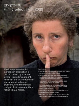 Chapter 16:
Film production in 2009




2009 saw a substantial        Facts in focus

increase in production in     •  otal UK production activity in 2009 was £957 million,
                                T
                                compared with £613 million in 2008.
the UK, driven by a record    •  he UK spend associated with inward investment
                                T
level of inward investment.     features was £753 million, the highest yet recorded,
                                up 111% from £357 million in 2008.
However, the UK independent
                              •  here were 71 UK domestic features (77 in 2008)
                                T
sector remained under           and 22 co-productions (22 in 2008).
pressure, with the median     •  he median budget for UK domestic features was
                                T
budget of UK domestic films     £1.5 million, compared with £1.7 million in 2008
                                and £2.9 million in 2003.
falling to £1.5 million.      •  hirteen big budget films accounted for 69% of the
                                T
                                total UK production spend in 2009.
                              •  S studios were involved with 26 productions in the
                                U
                                UK in 2009, accounting for 76% of total UK spend.
 
