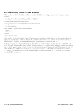17.1 Public funding for film in the UK by source
Public funding for film in the UK comes from a number of UK Government, public sector and European sources,
including:
•	 The Department for Culture, Media and Sport (DCMS);
•	 Other central government departments;
•	 The governments of Scotland, Wales and Northern Ireland;
•	 The National Lottery;
•	 Her Majesty’s Revenue and Customs (HMRC);
•	 BBC Films;
•	 Film4;
•	 The European Union.
Public funding for film identified in Table 17.1 is estimated to have been £256 million in the financial year 2008/09,
slightly down on the £261 million in 2007/08. As in 2007/08, the estimate does not include some local authority,
research council, higher or further education funding, as indicated in the notes to Table 17.1.
The largest single source of public funding was the UK film tax relief, which provided £110 million in 2008/09, 43%
of the total. The second-largest source was the National Lottery (£45.9 million, 18% of the total) and the third-largest
was the DCMS grant-in-aid to the UK Film Council and National Film and Television School (£31.2 million, 12% of the
total). The National and Regional Development Agencies provided £17.1 million, BBC Films £12.7 million and Film4
£8.2 million. The European Union contributed £8.5 million, of which £3.9 million (£11.5 million in 2007/08) came
from the MEDIA Programme.




144 – UK Film Council Statistical Yearbook 2010                                               Image: Centurion courtesy of Pathé UK
 