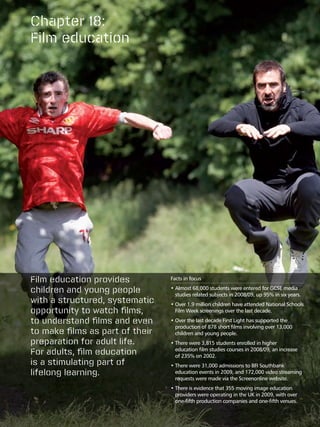 Chapter 18:
Film education




Film education provides          Facts in focus

children and young people        •  lmost 68,000 students were entered for GCSE media
                                   A
                                   studies related subjects in 2008/09, up 95% in six years.
with a structured, systematic    •  ver 1.9 million children have attended National Schools
                                   O
opportunity to watch films,        Film Week screenings over the last decade.

to understand films and even     •  ver the last decade First Light has supported the
                                   O
                                   production of 878 short films involving over 13,000
to make films as part of their     children and young people.
preparation for adult life.      •  here were 3,815 students enrolled in higher
                                   T
For adults, film education         education film studies courses in 2008/09, an increase
                                   of 235% on 2002.
is a stimulating part of         •  here were 31,000 admissions to BFI Southbank
                                   T
lifelong learning.                 education events in 2009, and 172,000 video streaming
                                   requests were made via the Screenonline website.
                                 •  here is evidence that 355 moving image education
                                   T
                                   providers were operating in the UK in 2009, with over
                                   one-fifth production companies and one-fifth venues.
 