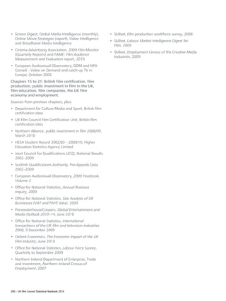•	  creen Digest, Global Media Intelligence (monthly),
   S                                                           •	  killset, Film production workforce survey, 2008
                                                                  S
   Online Movie Strategies (report), Video Intelligence
                                                               •	  killset, Labour Market Intelligence Digest for
                                                                  S
   and Broadband Media Intelligence
                                                                  Film, 2009
•	  inema Advertising Association, 2009 Film Monitor
   C
                                                               •	  killset, Employment Census of the Creative Media
                                                                  S
   (Quarterly Reports) and FAME: Film Audience
                                                                  Industries, 2009
   Measurement and Evaluation report, 2010
•	  uropean Audiovisual Observatory, DDM and NPA
   E
   Conseil – Video on Demand and catch-up TV in
   Europe, October 2009
Chapters 15 to 21: British film certification, film
production, public investment in film in the UK,
film education, film companies, the UK film
economy and employment.
Sources from previous chapters, plus:
•	  epartment for Culture Media and Sport, British film
   D
   certification data
•	  K Film Council Film Certification Unit, British film
   U
   certification data
•	  orthern Alliance, public investment in film 2008/09,
   N
   March 2010
•	  ESA Student Record 2002/03 – 2009/10, Higher
   H
   Education Statistics Agency Limited
•	  oint Council for Qualifications (JCQ), National Results
   J
   2002–2009
•	  cottish Qualifications Authority, Pre-Appeals Data
   S
   2002–2009
•	  uropean Audiovisual Observatory, 2009 Yearbook,
   E
   Volume 3
•	  ffice for National Statistics, Annual Business
   O
   Inquiry, 2009
•	  ffice for National Statistics, Size Analysis of UK
   O
   Businesses (VAT and PAYE data), 2009
•	  ricewaterhouseCoopers, Global Entertainment and
   P
   Media Outlook 2010–14, June 2010
•	  ffice for National Statistics, International
   O
   transactions of the UK film and television industries
   2008, 9 December 2009
•	  xford Economics, The Economic Impact of the UK
   O
   Film Industry, June 2010
•	  ffice for National Statistics, Labour Force Survey,
   O
   Quarterly to September 2009
•	  orthern Ireland Department of Enterprise, Trade
   N
   and Investment, Northern Ireland Census of
   Employment, 2007




200 – UK Film Council Statistical Yearbook 2010
 
