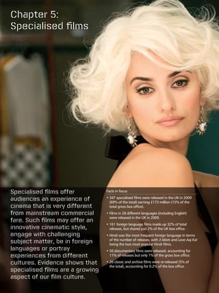 Chapter 5:
Specialised films




Specialised films offer           Facts in focus

audiences an experience of        •  47 specialised films were released in the UK in 2009
                                    3
                                    (69% of the total) earning £173 million (15% of the
cinema that is very different       total gross box office).
from mainstream commercial        •  ilms in 28 different languages (including English)
                                    F
                                    were released in the UK in 2009.
fare. Such films may offer an
                                  •  61 foreign language films made up 32% of total
                                    1
innovative cinematic style,         releases, but shared just 2% of the UK box office.
engage with challenging           •  indi was the most frequent foreign language in terms
                                    H
subject matter, be in foreign       of the number of releases, with 3 Idiots and Love Aaj Kal
                                    being the two most popular Hindi films.
languages or portray              •  6 documentary films were released, accounting for
                                    5
experiences from different          11% of releases but only 1% of the gross box office.

cultures. Evidence shows that     •  6 classic and archive films were re-released (5% of
                                    2
                                    the total), accounting for 0.2% of the box office.
specialised films are a growing
aspect of our film culture.
 