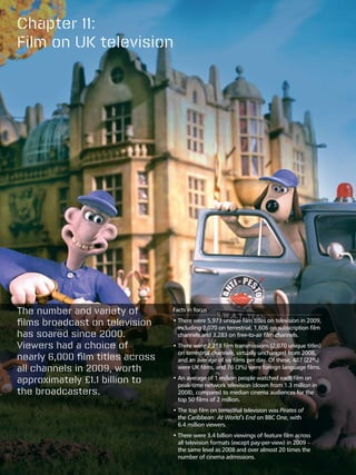 Chapter 11:
Film on UK television




The number and variety of         Facts in focus

films broadcast on television     •  here were 5,973 unique film titles on television in 2009,
                                    T
                                    including 2,070 on terrestrial, 1,606 on subscription film
has soared since 2000.              channels and 3,283 on free-to-air film channels.
Viewers had a choice of           •  here were 2,218 film transmissions (2,070 unique titles)
                                    T
                                    on terrestrial channels, virtually unchanged from 2008,
nearly 6,000 film titles across     and an average of six films per day. Of these, 487 (22%)
all channels in 2009, worth         were UK films, and 76 (3%) were foreign language films.

approximately £1.1 billion to     •  n average of 1 million people watched each film on
                                    A
                                    peak-time network television (down from 1.3 million in
the broadcasters.                   2008), compared to median cinema audiences for the
                                    top 50 films of 2 million.
                                  •  he top film on terrestrial television was Pirates of
                                    T
                                    the Caribbean: At World’s End on BBC One, with
                                    6.4 million viewers.
                                  •  here were 3.4 billion viewings of feature film across
                                    T
                                    all television formats (except pay-per-view) in 2009 –
                                    the same level as 2008 and over almost 20 times the
                                    number of cinema admissions.
 
