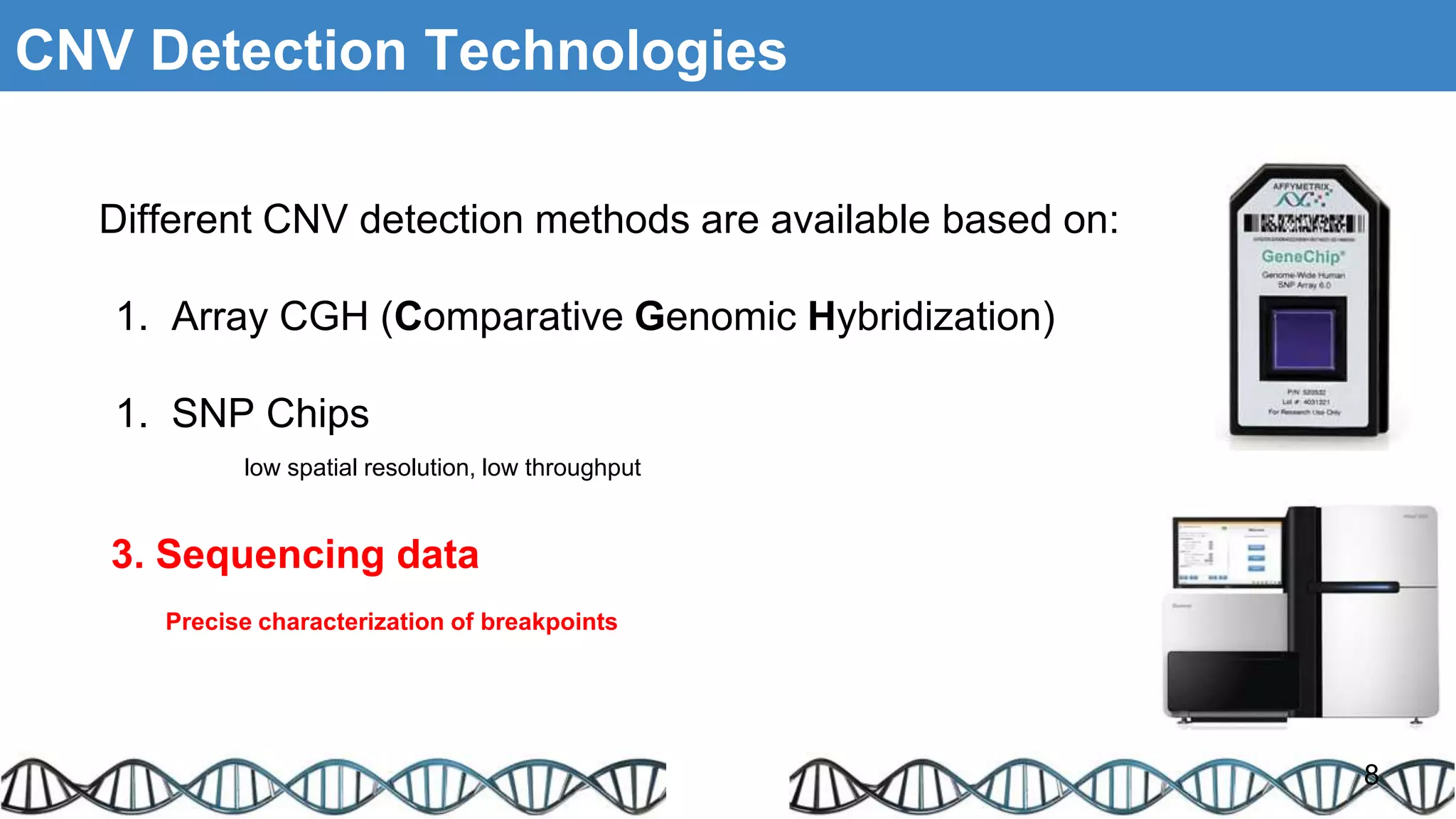CNV Detection Technologies
Different CNV detection methods are available based on:
1. Array CGH (Comparative Genomic Hybridization)
1. SNP Chips
low spatial resolution, low throughput
3. Sequencing data
Precise characterization of breakpoints
8
 