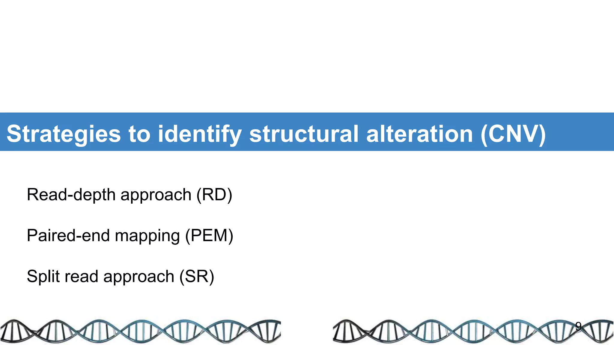 Strategies to identify structural alteration (CNV)
9
Read-depth approach (RD)
Paired-end mapping (PEM)
Split read approach (SR)
 