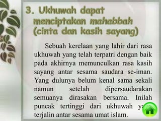 Sebuah kerelaan yang lahir dari rasa 
ukhuwah yang telah terpatri dengan baik 
pada akhirnya memunculkan rasa kasih 
sayang antar sesama saudara se-iman. 
Yang dulunya belum kenal sama sekali 
namun setelah dipersaudarakan 
semuanya dirasakan bersama. Inilah 
puncak tertinggi dari ukhuwah yang 
terjalin antar sesama umat islam. 
 