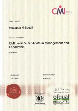 Dr MM Bagali, AICTE - UKIERI Leadership Program / CMI Certified, 2021