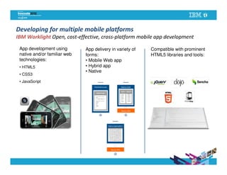 Developing for multiple mobile platforms
IBM Worklight Open, cost-effective, cross-platform mobile app development

 App development using        App delivery in variety of   Compatible with prominent
 native and/or familiar web   forms:                       HTML5 libraries and tools:
 technologies:                • Mobile Web app
 • HTML5                      • Hybrid app
                              • Native
 • CSS3
 • JavaScript
 