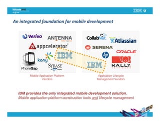 An integrated foundation for mobile development




         Mobile Application Platform              Application Lifecycle
                  Vendors                         Management Vendors




  IBM provides the only integrated mobile development solution.
  Mobile application platform construction tools and lifecycle management
 