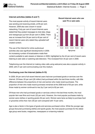 Personal-confidential-statistics until 9.30am on Friday 28 August 2009
                                                   Statistical Bulletin: Internet Access | Page 3




Internet activities (tables 6 and 7)
                                                                             Recent Internet users who use
The most popular activity of recent Internet users                                web TV or web radio
was sending and receiving emails, at 90 per cent.
                                                                        60
However, 2009 also saw a boom in social
networking. Forty per cent of recent Internet users                     50

stated that they posted messages to chat sites, blogs                   40




                                                             Per cent
and newsgroups (up from 20 per cent in 2008). There
                                                                        30
was an increase from 24 per cent to 40 per cent of
                                                                        20
recent Internet users who stated they uploaded self
created content.                                                        10

                                                                        0
The use of the Internet for online audiovisual                                16-24   25-44   45-54   55-64   65+

activities also saw significant developments in 2009.                                     Age group

An increasing number of broadcasters made their
content available to web viewers or listeners in 2009, highlighted by the 42 per cent of recent users
listening to web radio or watching web television. This increased from 34 per cent in 2008.


Telephoning over the Internet (or making video calls using webcams) was also a popular activity in
2009, with 21 per cent communicating over this medium.


Purchasing over the Internet (tables 8-15)

In 2009, 64 per cent of all recent Internet users had ever purchased goods or services over the
Internet. Of these, 83 per cent (26 million) had purchased within the last three months, with little
difference between the proportions of men and women who made recent purchases. The
proportion of men who made recent purchases remained at the 2008 level of 83 per cent, while
those made by women continued to rise (by 2 per cent) to 82 per cent.


Of those men who had purchased goods or services online in the last three months, the most
popular item was films and music (52 per cent). However, the most popular purchases made by
women were clothes or sporting goods (54 per cent). Women were twice as likely to purchase food
or groceries online than men (30 per cent compared with 15 per cent).


Age is also a factor in the types of goods and services purchased online. While the younger age
groups favoured purchasing clothes and sports goods, the most popular purchase for the oldest
age group were books, magazines, newspapers or e-learning material.
 