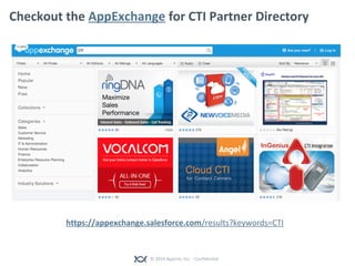 © 2014 Appirio, Inc. - Confidential
Checkout the AppExchange for CTI Partner Directory
https://appexchange.salesforce.com/results?keywords=CTI
 