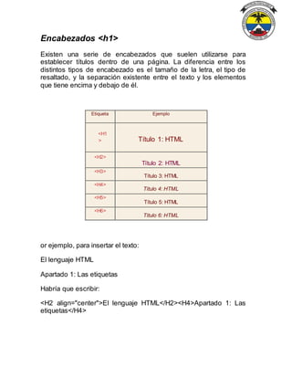 Encabezados <h1>
Existen una serie de encabezados que suelen utilizarse para
establecer títulos dentro de una página. La diferencia entre los
distintos tipos de encabezado es el tamaño de la letra, el tipo de
resaltado, y la separación existente entre el texto y los elementos
que tiene encima y debajo de él.
Etiqueta Ejemplo
<H1
> Título 1: HTML
<H2>
Título 2: HTML
<H3>
Título 3: HTML
<H4>
Título 4: HTML
<H5>
Título 5: HTML
<H6>
Título 6: HTML
or ejemplo, para insertar el texto:
El lenguaje HTML
Apartado 1: Las etiquetas
Habría que escribir:
<H2 align="center">El lenguaje HTML</H2><H4>Apartado 1: Las
etiquetas</H4>
 