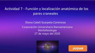 Actividad 7 - Función y localización anatómica de los
pares craneales
Diana Cateli Scarpeta Contreras
Corporación Universitaria Iberoamericana
Morfofisiología
27 de mayo del 2020
JUGAR
 