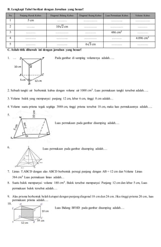 B. Lengkapi Tabel berikut dengan Jawaban yang benar!
No Panjang Rusuk Kubus Diagonal Bidang Kubus Diagonal Ruang Kubus Luas Permukaan Kubus Volume Kubus
1 5 cm ……… …………. ……….. …………..
2 …….. 10√2 cm ………… ………… ………
3 ……… ………… ………. 486 𝑐𝑚2 ……….
4 ………. ……….. ………… ……… 4.096 𝑐𝑚3
5 ……… ………. 6√3 cm ………. ……….
C. Isilah titik dibawah ini dengan jawaban yang benar!
1. …
2. Sebuah tangki air berbentuk kubus dengan volume air 1000 𝑐𝑚3
. Luas permukaan tangki tersebut adalah…..
3. Volume balok yang mempunyai panjang 12 cm, lebar 6 cm, tinggi 8 cm adalah…
4. Volume suatu prisma tegak segitiga 3888 cm, tinggi prisma tersebut 18 cm, maka luas permukaannya adalah…..
5.
6.
7. Limas T.ABCD dengan alas ABCD berbentuk persegi panjang dengan AB = 12 cm dan Volume Limas
384 𝑐𝑚3
Luas permukaan limas adalah…
8. Suatu balok mempunyai volume 180 𝑐𝑚3
. Balok tersebut mempunyai Panjang 12 cm dan lebar 5 cm, Luas
permukaan balok tersebut adalah….
9. Alas prisma berbentuk belah ketupat dengan panjang diagonal 18 cm dan 24 cm. Jika tinggi prisma 20 cm, luas
permukaan prisma adalah….
10.
Pada gambar di samping volumenya adalah…..
Luas permukaan pada gambar disamping adalah….
Luas permukaan pada gambar disamping adalah….
Luas Bidang BFHD pada gambar disamping adalah….
 