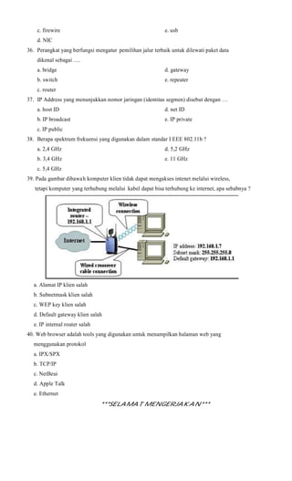 c. firewire

e. usb

d. NIC
36. Perangkat yang berfungsi mengatur pemilihan jalur terbaik untuk dilewati paket data
dikenal sebagai ….
a. bridge

d. gateway

b. switch

e. repeater

c. router
37. IP Address yang menunjukkan nomor jaringan (identitas segmen) disebut dengan …
a. host ID

d. net ID

b. IP broadcast

e. IP private

c. IP public
38. Berapa spektrum frekuensi yang digunakan dalam standar I EEE 802.11b ?
a. 2,4 GHz

d. 5,2 GHz

b. 3,4 GHz

e. 11 GHz

c. 5,4 GHz
39. Pada gambar dibawa h komputer klien tidak dapat mengakses intenet melalui wireless,
tetapi komputer yang terhubung melalui kabel dapat bisa terhubung ke internet, apa sebabnya ?

a. Alamat IP klien salah
b. Subnetmask klien salah
c. WEP key klien salah
d. Default gateway klien salah
e. IP internal router salah
40. Web browser adalah tools yang digunakan untuk menampilkan halaman web yang
menggunakan protokol
a. IPX/SPX
b. TCP/IP
c. NetBeui
d. Apple Talk
e. Ethernet
***SELAMAT MENGERJAKAN***

 