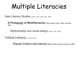 Multiple Literacies

New Literacy Studies (Street, 1984, 2003; Gee, 1996)

   A Pedagogy of Multiliteracies                (New London Group, 1996; Unsworth,
   2001)



      Multimodality and visual design (Kress, 1997, 2003)

Critical Literacy (Comber, 2001)

           Popular Culture and Literacy (Millard, 2003; Genishi and Dyson, 2009)
 