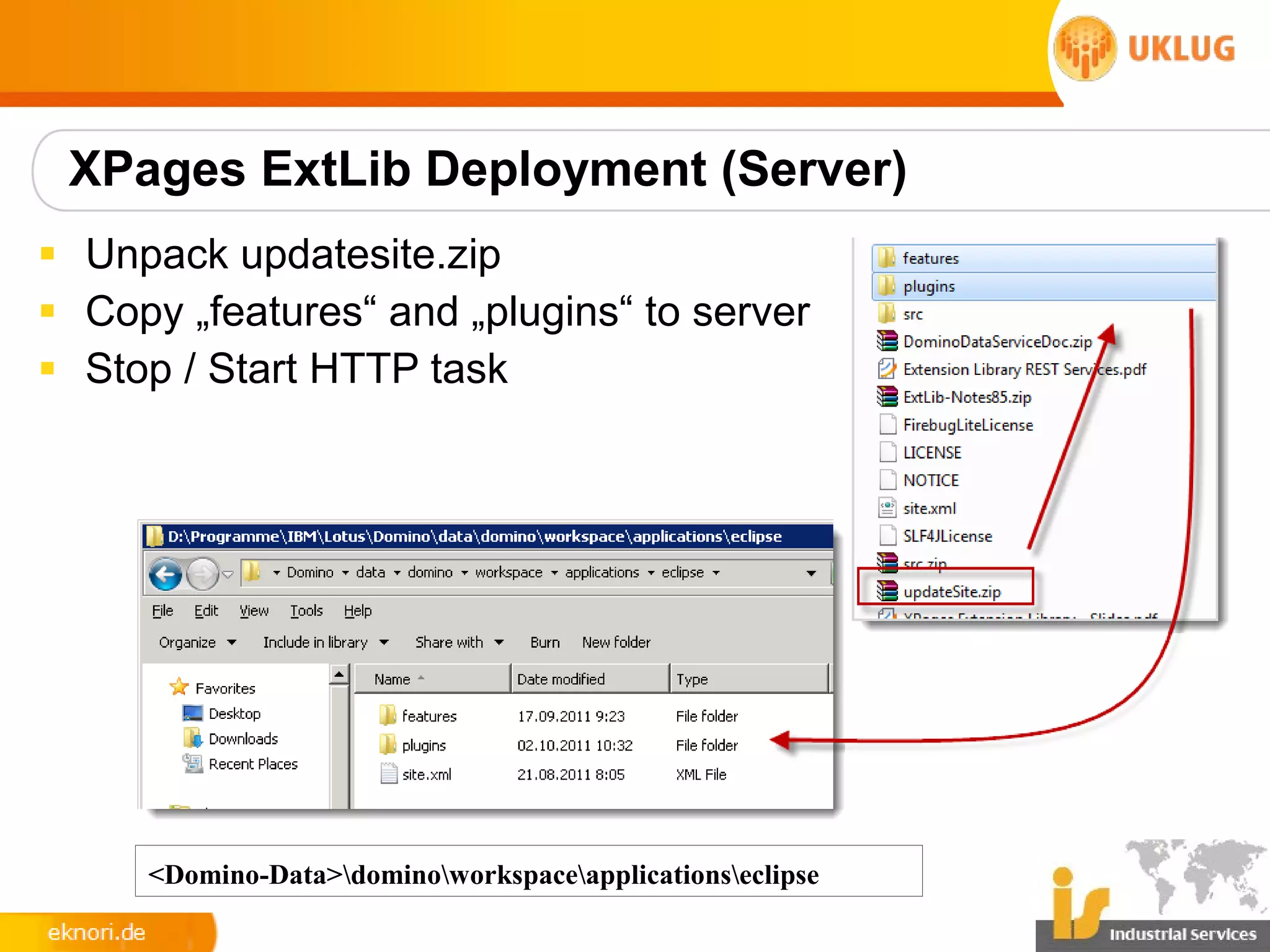 XPages ExtLib Deployment (Server)
§ Unpack updatesite.zip
§ Copy „features“ and „plugins“ to server
§ Stop / Start HTTP task




     <Domino-Data>dominoworkspaceapplicationseclipse
 