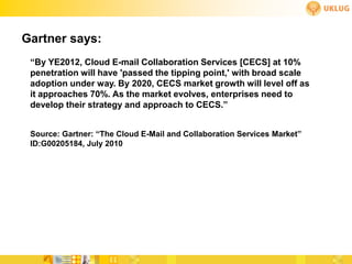 Gartner says:
 “By YE2012, Cloud E-mail Collaboration Services [CECS] at 10%
 penetration will have 'passed the tipping point,' with broad scale
 adoption under way. By 2020, CECS market growth will level off as
 it approaches 70%. As the market evolves, enterprises need to
 develop their strategy and approach to CECS.”


 Source: Gartner: “The Cloud E-Mail and Collaboration Services Market”
 ID:G00205184, July 2010
 