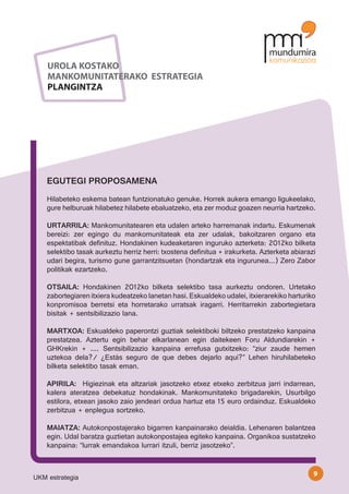 UROLA KOSTAKO
    MANKOMUNITATERAKO ESTRATEGIA
    PLANGINTZA




    EGUTEGI PROPOSAMENA
    Hilabeteko eskema batean funtzionatuko genuke. Horrek aukera emango ligukeelako,
    gure helburuak hilabetez hilabete ebaluatzeko, eta zer moduz goazen neurria hartzeko.

    URTARRILA: Mankomunitatearen eta udalen arteko harremanak indartu. Eskumenak
    bereizi: zer egingo du mankomunitateak eta zer udalak, bakoitzaren organo eta
    espektatibak definituz. Hondakinen kudeaketaren inguruko azterketa: 2012ko bilketa
    selektibo tasak aurkeztu herriz herri: txostena definitua + irakurketa. Azterketa abiarazi
    udari begira, turismo gune garrantzitsuetan (hondartzak eta ingurunea...) Zero Zabor
    politikak ezartzeko.

    OTSAILA: Hondakinen 2012ko bilketa selektibo tasa aurkeztu ondoren. Urtetako
    zabortegiaren itxiera kudeatzeko lanetan hasi. Eskualdeko udalei, itxierarekiko harturiko
    konpromisoa berretsi eta horretarako urratsak iragarri. Herritarrekin zabortegietara
    bisitak + sentsibilizazio lana.

    MARTXOA: Eskualdeko paperontzi guztiak selektiboki biltzeko prestatzeko kanpaina
    prestatzea. Aztertu egin behar elkarlanean egin daitekeen Foru Aldundiarekin +
    GHKrekin + .... Sentsibilizazio kanpaina errefusa gutxitzeko: “ziur zaude hemen
    uztekoa dela?/ ¿Estás seguro de que debes dejarlo aquí?” Lehen hiruhilabeteko
    bilketa selektibo tasak eman.

    APIRILA: Higiezinak eta altzariak jasotzeko etxez etxeko zerbitzua jarri indarrean,
    kalera ateratzea debekatuz hondakinak. Mankomunitateko brigadarekin, Usurbilgo
    estilora, etxean jasoko zaio jendeari ordua hartuz eta 15 euro ordainduz. Eskualdeko
    zerbitzua + enplegua sortzeko.

    MAIATZA: Autokonpostajerako bigarren kanpainarako deialdia. Lehenaren balantzea
    egin. Udal baratza guztietan autokonpostajea egiteko kanpaina. Organikoa sustatzeko
    kanpaina: “lurrak emandakoa lurrari itzuli, berriz jasotzeko”.


                                                                                             9
UKM estrategia
 