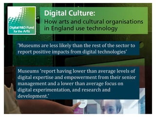 'Museums are less likely than the rest of the sector to
report positive impacts from digital technologies'

Museums 'report having lower than average levels of
digital expertise and empowerment from their senior
management and a lower than average focus on
digital experimentation, and research and
development.'

 