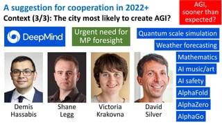 A suggestion for cooperation in 2022+
Context (3/3): The city most likely to create AGI?
Demis
Hassabis
Shane
Legg
Victoria
Krakovna
David
Silver AlphaGo
AlphaZero
AlphaFold
AI safety
AI music/art
Mathematics
Weather forecasting
Quantum scale simulation
AGI,
sooner than
expected?
Urgent need for
MP foresight
 