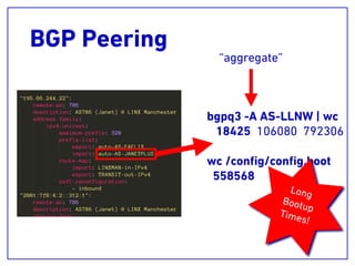 BGP Peering
bgpq3 -A AS-LLNW | wc
18425 106080 792306
wc /conﬁg/conﬁg.boot
558568
“aggregate”
Long
Bootup
Times!
 