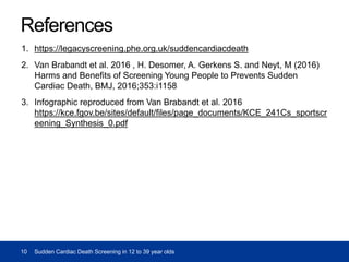 References
1. https://legacyscreening.phe.org.uk/suddencardiacdeath
2. Van Brabandt et al. 2016 , H. Desomer, A. Gerkens S. and Neyt, M (2016)
Harms and Benefits of Screening Young People to Prevents Sudden
Cardiac Death, BMJ, 2016;353:i1158
3. Infographic reproduced from Van Brabandt et al. 2016
https://kce.fgov.be/sites/default/files/page_documents/KCE_241Cs_sportscr
eening_Synthesis_0.pdf
10 Sudden Cardiac Death Screening in 12 to 39 year olds
 