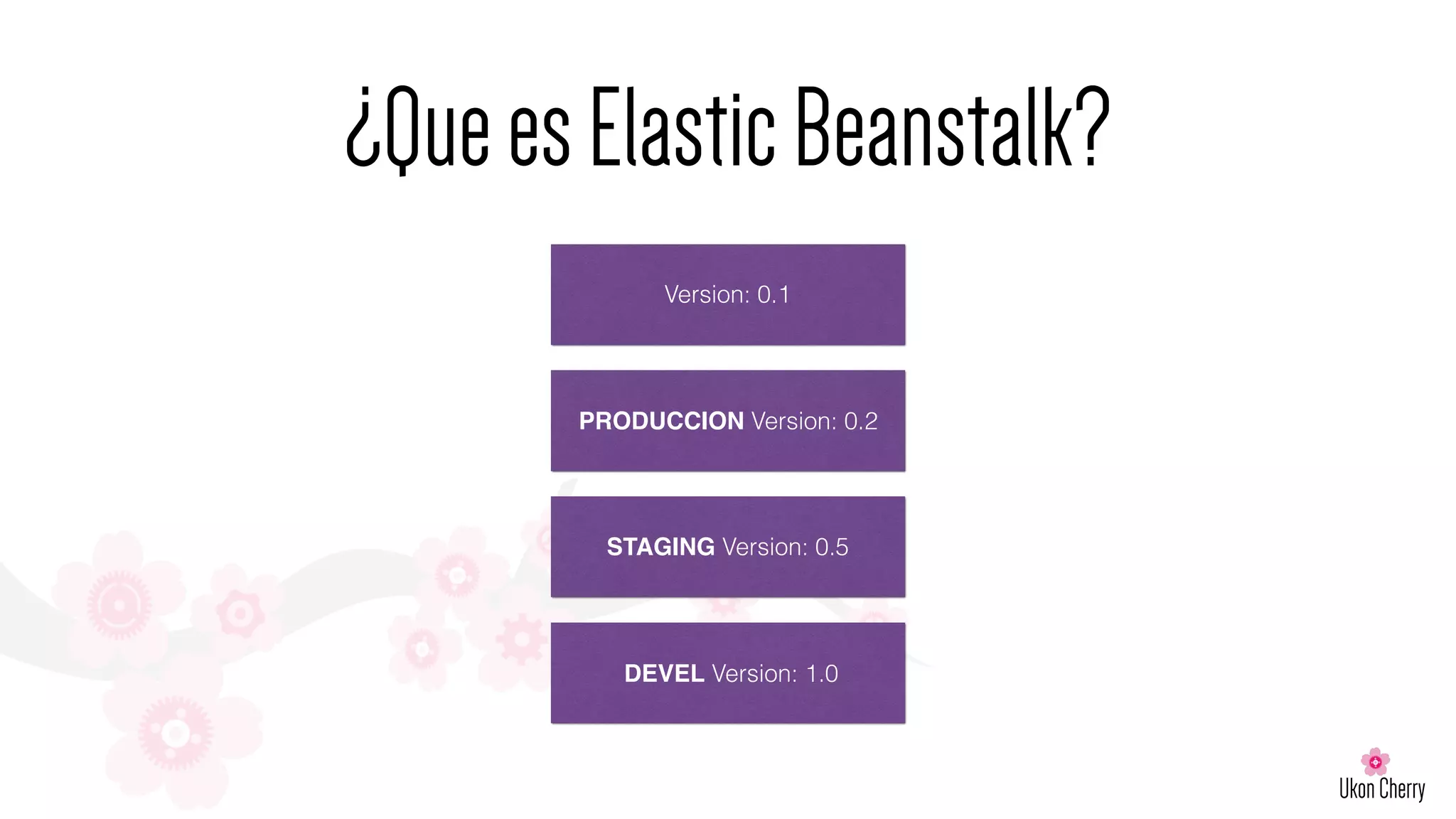 ¿QueesElasticBeanstalk?
Version: 0.1
PRODUCCION Version: 0.2
STAGING Version: 0.5
DEVEL Version: 1.0
 