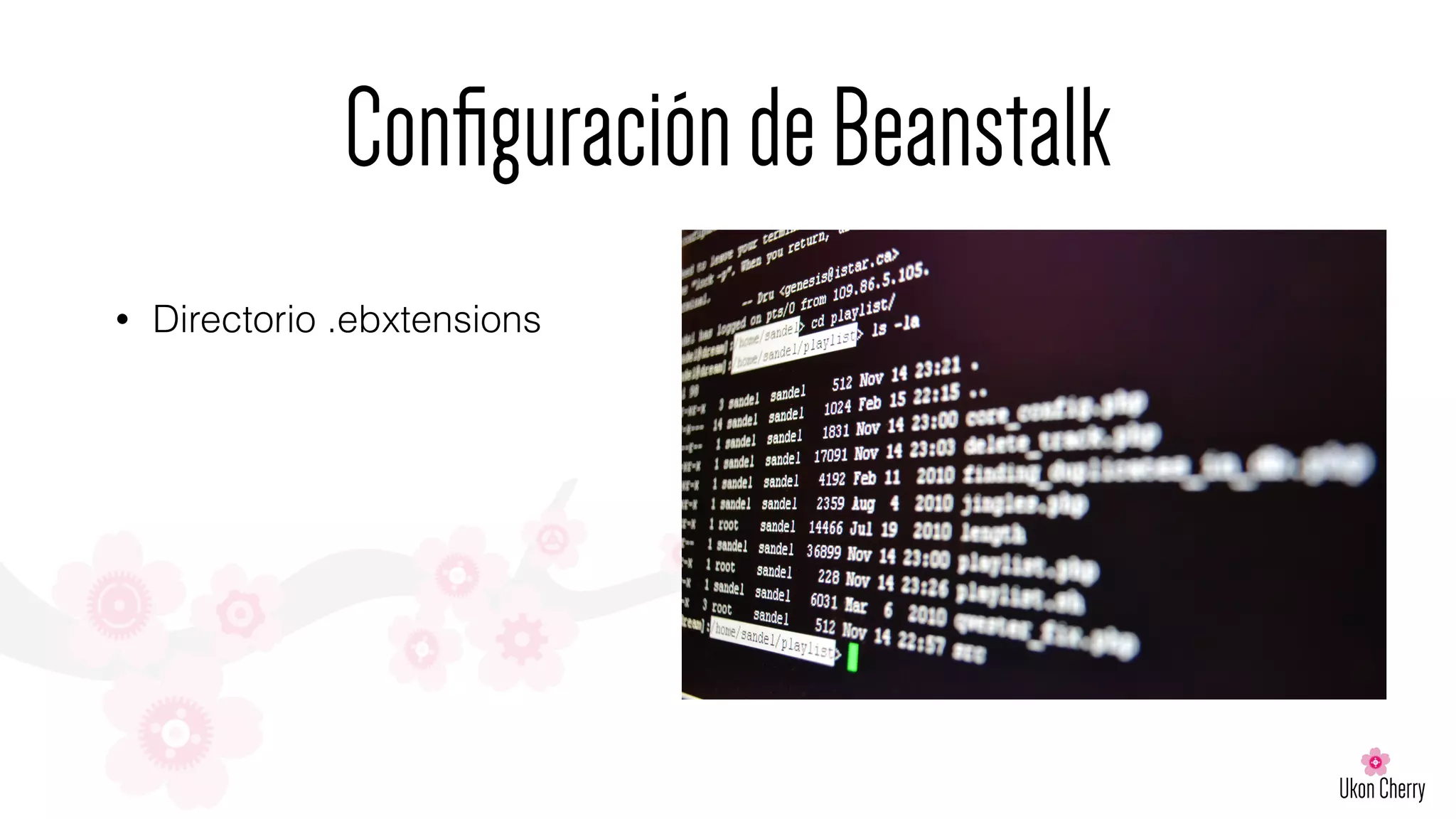 ConﬁguracióndeBeanstalk
• Directorio .ebxtensions
 
