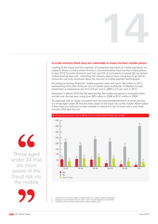 14
                   A small minority think they are vulnerable to fraud via their mobile phone.
                   Looking to the future and the migration of contactless payments to mobile payments, our
                   research shows us that a small minority is concerned about fraud via their mobile phone.
                   In April 2010 Forrester Research said that one firth of consumers surveyed did not believe
                   mobile banking was safe1, indicating that industry players have a long way to go before
                   consumers are truly convinced about the security of mobile payment technologies.
                   According to Gartner Research2 mobile payment users will reach 190 million in 2012,
                   representing more than three per cent of mobile users worldwide. In Western Europe
                   penetration is expected to rise from 0.9 per cent in 2009 to 2.5 per cent in 2012.
                   Elsewhere in March 2010 Pay Pal reported Pay Pal mobile transactions increased nearly
                   six-fold over the last year, rising from $25 million in 2008 to $141 million in 2009.3
                   As expected, and no doubt consistent with the awareness/penetration of smart phones,
                   it is those aged under 34 that are most aware of the fraud risk via the mobile. When asked
                   if they have any software on their handset to reduce the risk of fraud only a very small
                   minority (4%) said they do.

                   Q: Do you think you are at risk of falling victim to online fraud through your mobile?




 Those aged
under 34 that
  are most
aware of the
fraud risk via
 the mobile

                   1   Smart phones to drive European m-banking take-up’ Forrester Research, April 2010
                   2   Dataquest Insight: Mobile Payment, 2007 – 2012, Gartner Research, 27 April 2009
                   3   PayPal launches new Send money app for iPhone, PayPal, 2010




 UK Online Fraud                                                                                            June 2010
 