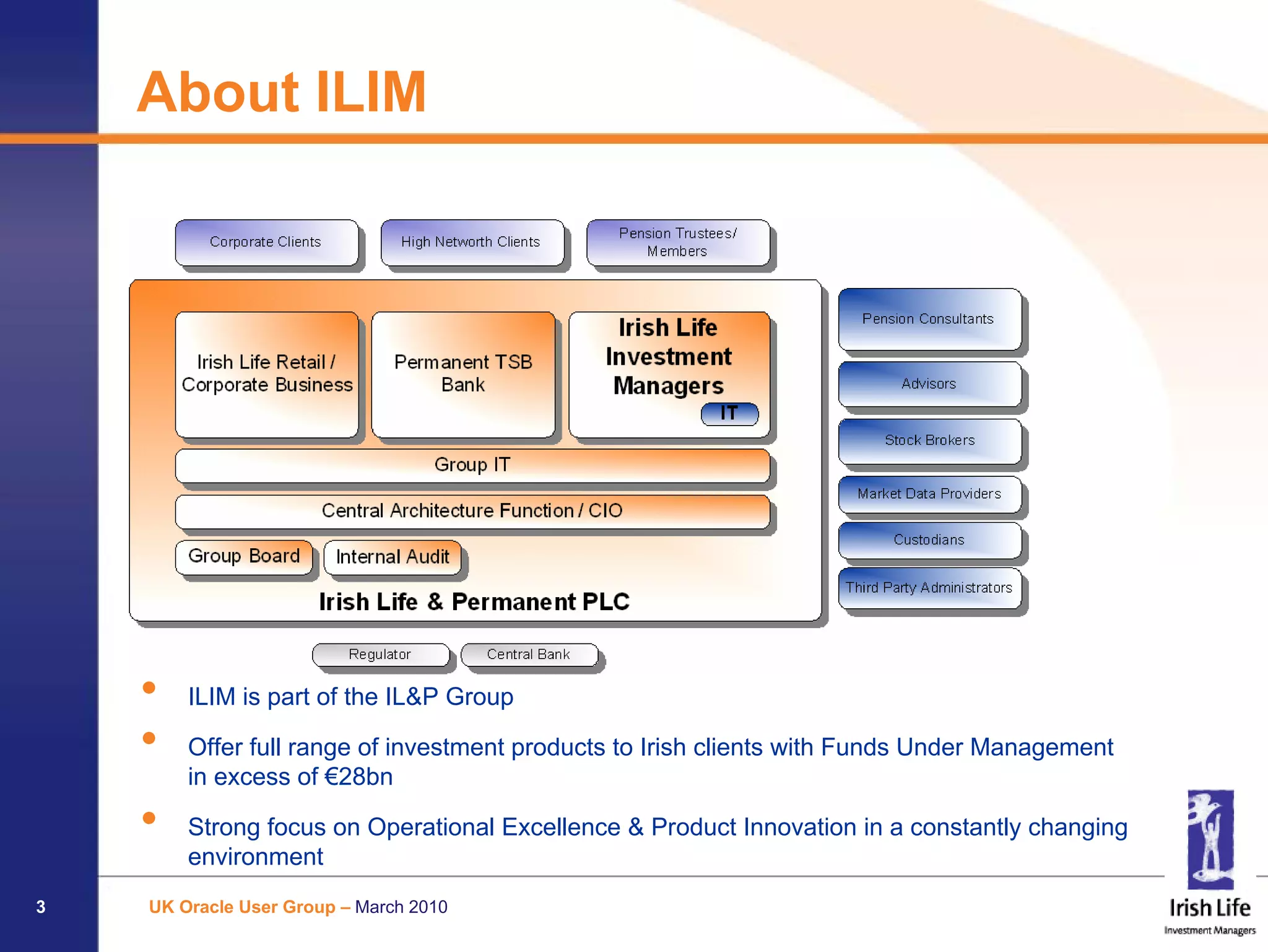About ILIM




    •   ILIM is part of the IL&P Group

    •   Offer full range of investment products to Irish clients with Funds Under Management
        in excess of €28bn

    •   Strong focus on Operational Excellence & Product Innovation in a constantly changing
        environment
3   UK Oracle User Group – March 2010
 
