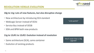 Copyright © 2014, eProseed and/or its affiliates. All rights reserved. | Confidential
REVOLUTION VERSUS EVOLUTION
10g to 11g: Lots of new features, but also disruptive change
• New architecture by introducing SCA standard
• WebLogic Server instead of OC4J
• Service Bus instead of OESB
• SOA and BPM both new products
11g to 12cR1 to 12cR2: Evolution instead of revolution
• Same architecture (SCA), same container
• Evolution of existing products
16
“a bit painful”
Much easier than a 10g
upgrade!
 