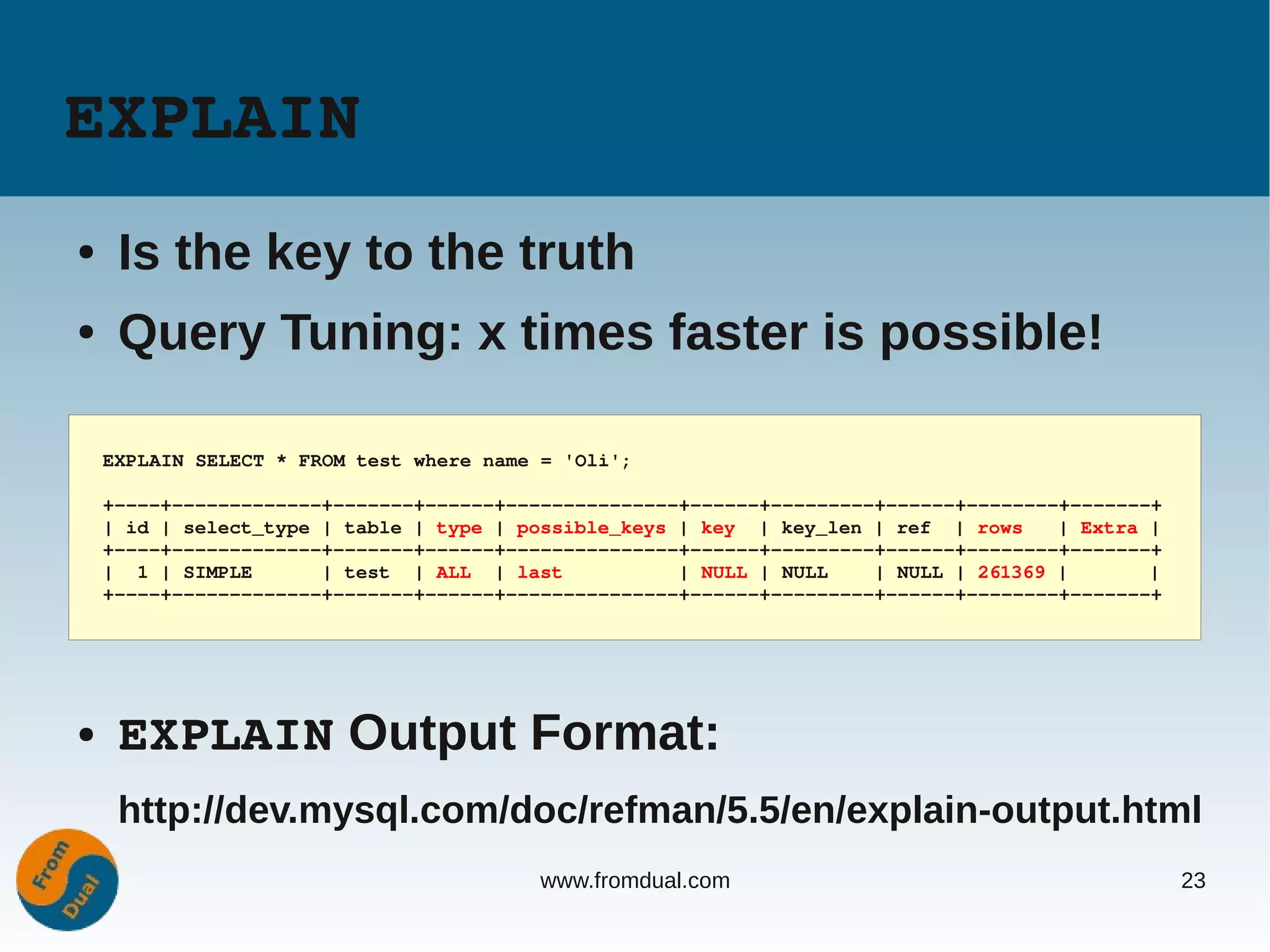 EXPLAIN
●    Is the key to the truth
●    Query Tuning: x times faster is possible!

    EXPLAIN SELECT * FROM test where name = 'Oli';

    +­­­­+­­­­­­­­­­­­­+­­­­­­­+­­­­­­+­­­­­­­­­­­­­­­+­­­­­­+­­­­­­­­­+­­­­­­+­­­­­­­­+­­­­­­­+
    | id | select_type | table | type | possible_keys | key  | key_len | ref  | rows   | Extra |
    +­­­­+­­­­­­­­­­­­­+­­­­­­­+­­­­­­+­­­­­­­­­­­­­­­+­­­­­­+­­­­­­­­­+­­­­­­+­­­­­­­­+­­­­­­­+
    |  1 | SIMPLE      | test  | ALL  | last          | NULL | NULL    | NULL | 261369 |       |
    +­­­­+­­­­­­­­­­­­­+­­­­­­­+­­­­­­+­­­­­­­­­­­­­­­+­­­­­­+­­­­­­­­­+­­­­­­+­­­­­­­­+­­­­­­­+




●    EXPLAIN Output Format:
     http://dev.mysql.com/doc/refman/5.5/en/explain-output.html
                                         www.fromdual.com                                          23
 