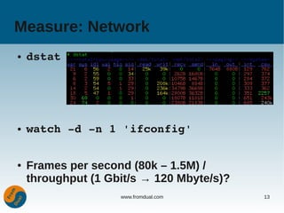 Measure: Network
●   dstat




●   watch ­d ­n 1 'ifconfig'


●   Frames per second (80k – 1.5M) /
    throughput (1 Gbit/s → 120 Mbyte/s)?
                    www.fromdual.com       13
 