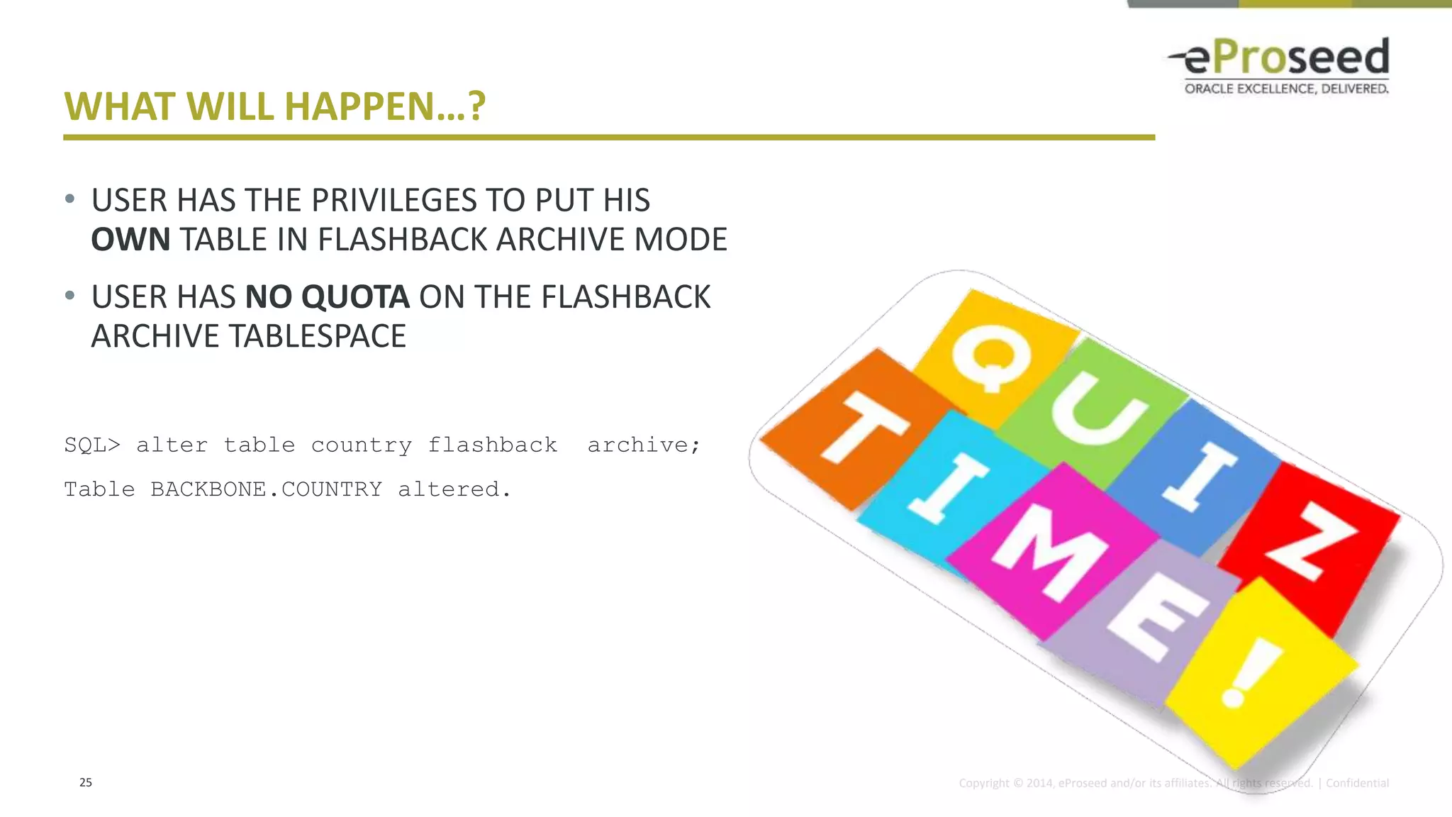 Copyright © 2014, eProseed and/or its affiliates. All rights reserved. | Confidential
WHAT WILL HAPPEN…?
• USER HAS THE PRIVILEGES TO PUT HIS
OWN TABLE IN FLASHBACK ARCHIVE MODE
• USER HAS NO QUOTA ON THE FLASHBACK
ARCHIVE TABLESPACE
SQL> alter table country flashback archive;
Table BACKBONE.COUNTRY altered.
25
 