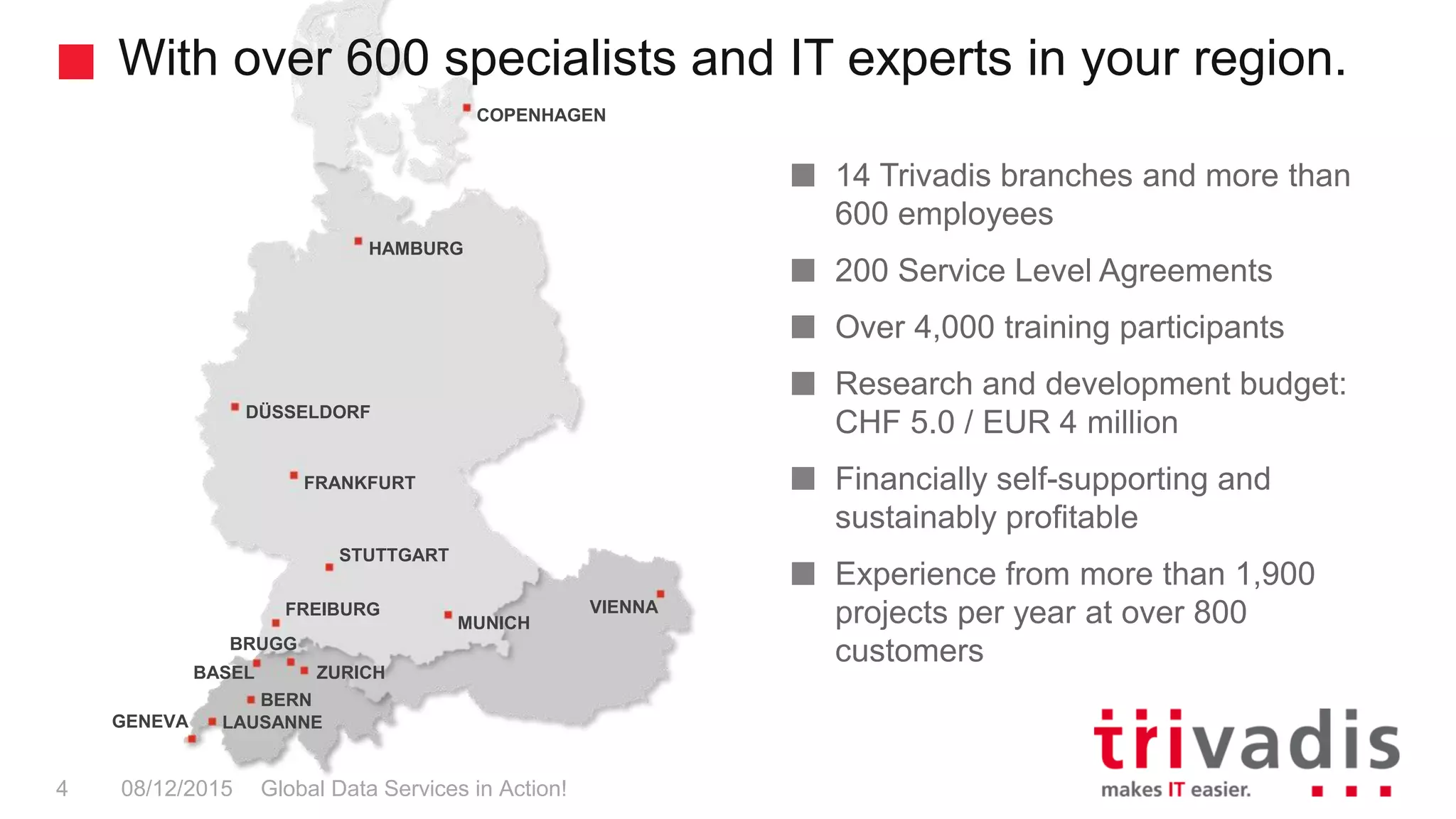 COPENHAGEN
MUNICH
LAUSANNE
BERN
ZURICH
BRUGG
GENEVA
HAMBURG
DÜSSELDORF
FRANKFURT
STUTTGART
FREIBURG
BASEL
VIENNA
With over 600 specialists and IT experts in your region.
Global Data Services in Action!4 08/12/2015
14 Trivadis branches and more than
600 employees
200 Service Level Agreements
Over 4,000 training participants
Research and development budget:
CHF 5.0 / EUR 4 million
Financially self-supporting and
sustainably profitable
Experience from more than 1,900
projects per year at over 800
customers
 