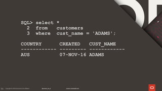 186
SQL> select *
2 from customers
3 where cust_name = 'ADAMS';
COUNTRY CREATED CUST_NAME
------------ --------- ------------
AUS 07-NOV-16 ADAMS
 