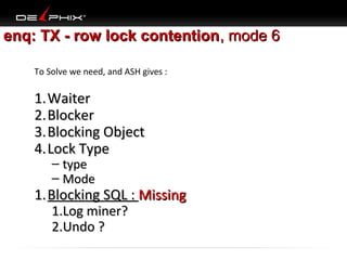 enq: TX - row lock contention, mode 6
To Solve we need, and ASH gives :

1. Waiter
2. Blocker
3. Blocking Object
4. Lock Type
– type
– Mode

1. Blocking SQL : Missing
1.Log miner?
2.Undo ?

 