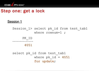 Step one: get a lock
Session 1
Session_1> select pk_id from test_tab1
where rownum=1 ;
PK_ID
--------------

4051
select pk_id from test_tab1
where pk_id = 4051
for update;

 