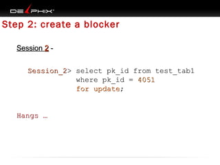 Step 2: create a blocker
Session 2 Session_2> select pk_id from test_tab1
where pk_id = 4051
for update;

Hangs …

 