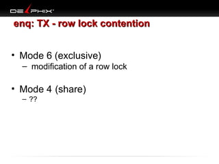 enq: TX - row lock contention
• Mode 6 (exclusive)

– modification of a row lock

• Mode 4 (share)
– ??

 