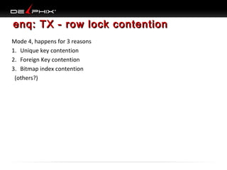 enq: TX - row lock contention
Mode 4, happens for 3 reasons
1. Unique key contention
2. Foreign Key contention
3. Bitmap index contention
(others?)

 