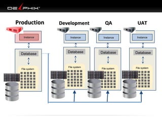 Production
Instance

Database

File system
File system

QA

UAT

Instance

Instance

Instance

Database

Database

Database

File system
File system

File system
File system
File system

File system
File system

Development

 