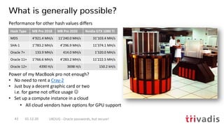 What is generally possible?
01.12.20 UKOUG - Oracle passwords, but secure!43
Performance for other hash values differs
Power of my MacBook pro not enough?
• No need to rent a Cray-2
• Just buy a decent graphic card or two
i.e. for game not office usage J
• Set up a compute instance in a cloud
• All cloud vendors have options for GPU support
Hash Type MB Pro 2018 MB Pro 2020 Nvidia GTX 1080 TI
MD5 4’921.4 MH/s 11’240.0 MH/s 31’103.4 MH/s
SHA-1 1’783.2 MH/s 4’296.9 MH/s 11’374.1 MH/s
Oracle 7+ 133.9 MH/s 414.0 MH/s 1’320.0 MH/s
Oracle 11+ 1’766.6 MH/s 4’283.2 MH/s 11’222.5 MH/s
Oracle 12+ 4390 H/s 3698 H/s 150.2 kH/s
 