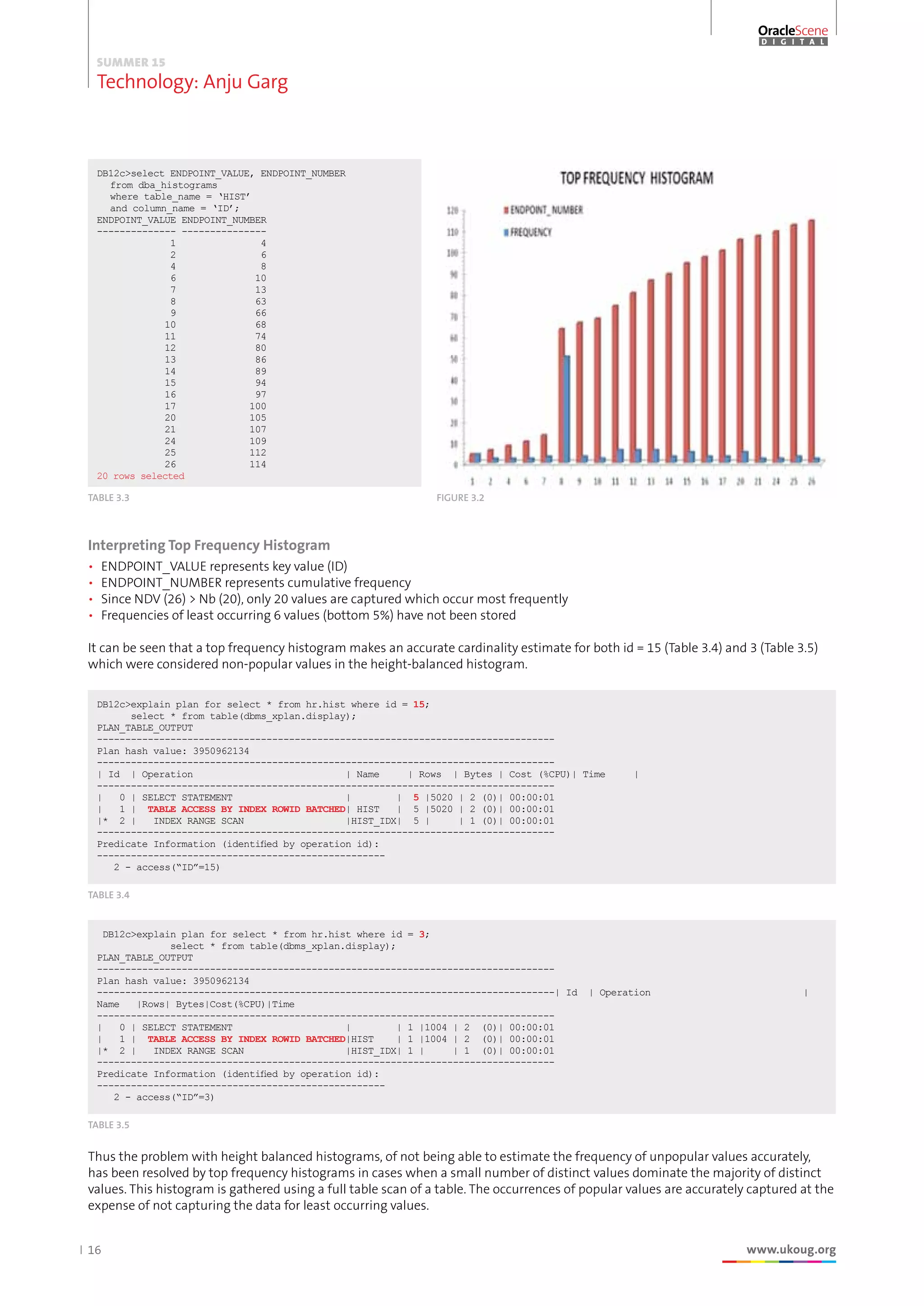 16 www.ukoug.org
SUMMER 15
Technology: Anju Garg
OracleScene
D I G I T A L
DB12cselect ENDPOINT_VALUE, ENDPOINT_NUMBER
	 from dba_histograms
	 where table_name = ‘HIST’
	 and column_name = ‘ID’;
ENDPOINT_VALUE ENDPOINT_NUMBER
-------------- ---------------
1 4
2 6
4 8
6 10
7 13
8 63
9 66
10 68
11 74
12 80
13 86
14 89
15 94
16 97
17 100
20 105
21 107
24 109
25 112
26 114
20 rows selected
TABLE 3.3 FIGURE 3.2
Interpreting Top Frequency Histogram
•	 ENDPOINT_VALUE represents key value (ID)
•	 ENDPOINT_NUMBER represents cumulative frequency
•	 Since NDV (26)  Nb (20), only 20 values are captured which occur most frequently
•	 Frequencies of least occurring 6 values (bottom 5%) have not been stored
It can be seen that a top frequency histogram makes an accurate cardinality estimate for both id = 15 (Table 3.4) and 3 (Table 3.5)
which were considered non-popular values in the height-balanced histogram.
TABLE 3.4
DB12cexplain plan for select * from hr.hist where id = 15;
select * from table(dbms_xplan.display);
PLAN_TABLE_OUTPUT
---------------------------------------------------------------------------------
Plan hash value: 3950962134
---------------------------------------------------------------------------------
| Id | Operation | Name | Rows | Bytes | Cost (%CPU)| Time |
---------------------------------------------------------------------------------
| 0 | SELECT STATEMENT | | 5 |5020 | 2 (0)| 00:00:01
| 1 | TABLE ACCESS BY INDEX ROWID BATCHED| HIST | 5 |5020 | 2 (0)| 00:00:01
|* 2 | INDEX RANGE SCAN |HIST_IDX| 5 | | 1 (0)| 00:00:01
---------------------------------------------------------------------------------
Predicate Information (identified by operation id):
---------------------------------------------------
2 - access(“ID”=15)
TABLE 3.5
DB12cexplain plan for select * from hr.hist where id = 3;
select * from table(dbms_xplan.display);
PLAN_TABLE_OUTPUT
---------------------------------------------------------------------------------
Plan hash value: 3950962134
---------------------------------------------------------------------------------| Id | Operation |
Name |Rows| Bytes|Cost(%CPU)|Time
---------------------------------------------------------------------------------
| 0 | SELECT STATEMENT | | 1 |1004 | 2 (0)| 00:00:01
| 1 | TABLE ACCESS BY INDEX ROWID BATCHED|HIST | 1 |1004 | 2 (0)| 00:00:01
|* 2 | INDEX RANGE SCAN |HIST_IDX| 1 | | 1 (0)| 00:00:01
---------------------------------------------------------------------------------
Predicate Information (identified by operation id):
---------------------------------------------------
2 - access(“ID”=3)
Thus the problem with height balanced histograms, of not being able to estimate the frequency of unpopular values accurately,
has been resolved by top frequency histograms in cases when a small number of distinct values dominate the majority of distinct
values. This histogram is gathered using a full table scan of a table. The occurrences of popular values are accurately captured at the
expense of not capturing the data for least occurring values.
 